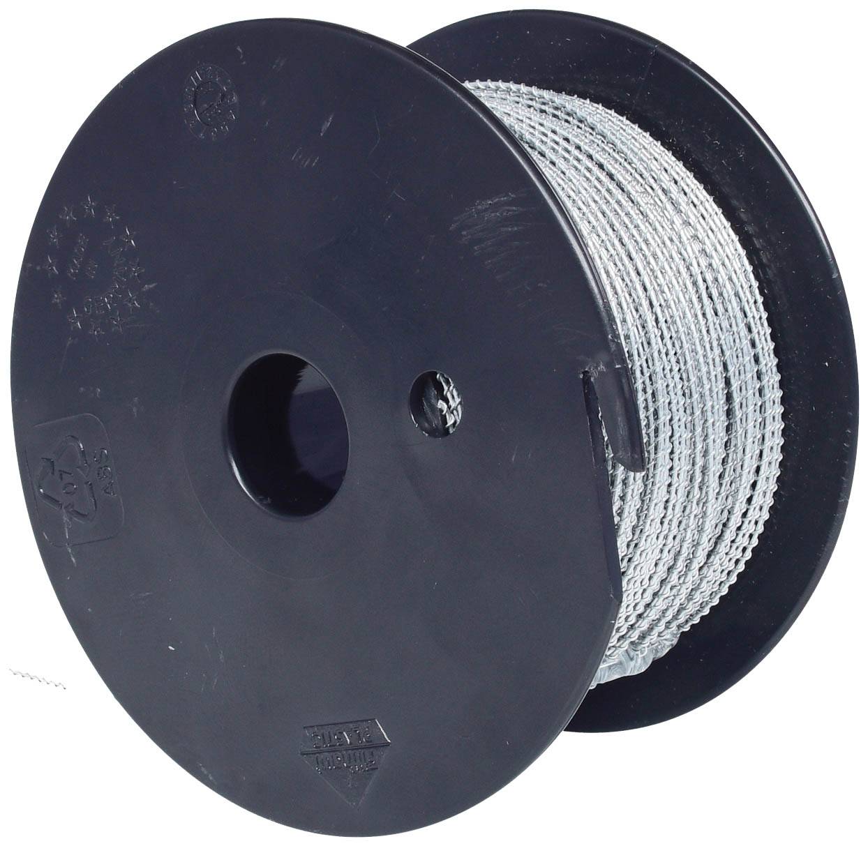 Un rouleau en plastique noir avec un fil d'argent est complètement enroulé. Il présente un trou central pour la fixation.