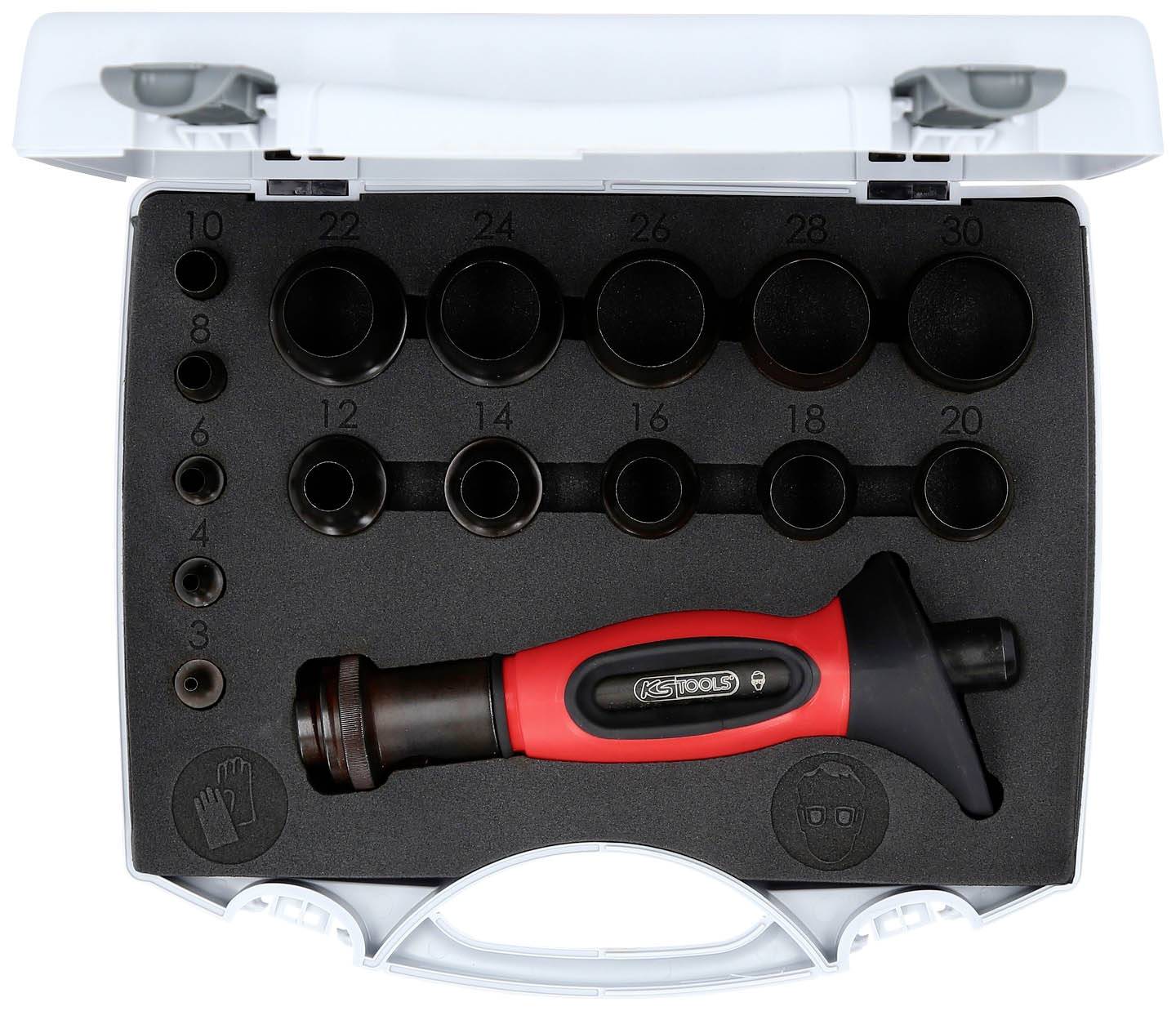 Un ensemble de tournevis dans un coffret ouvert, composé de plusieurs douilles et d'une poignée rouge et noire.