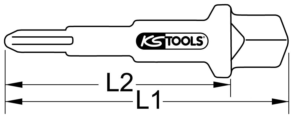 Dessin d'un outil portant l'inscription 'KS Tools'. Deux flèches indiquent les longueurs L1 et L2 pour mesurer différentes sections.
