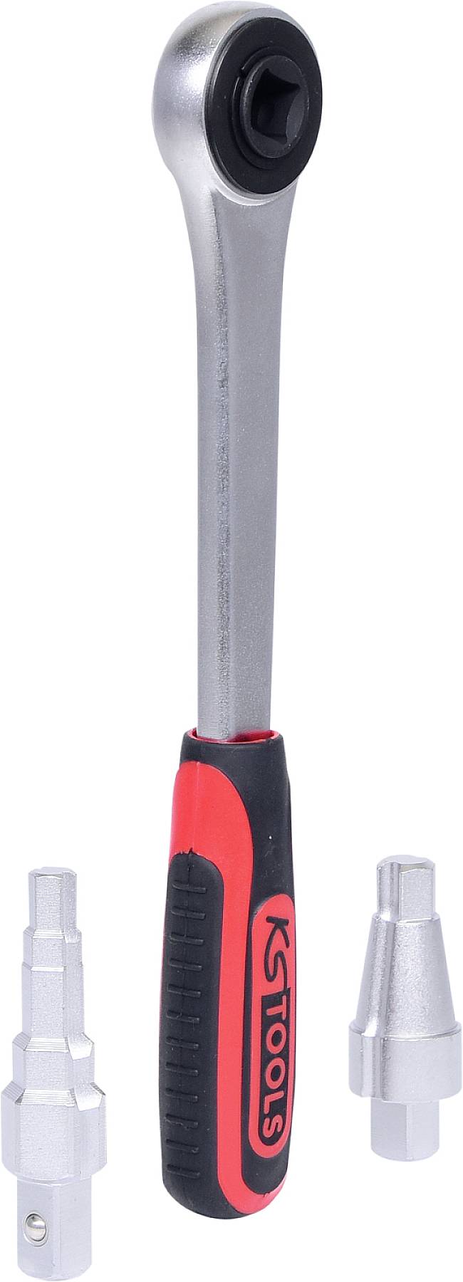 Une clé à cliquet en argent avec une poignée rouge et deux embouts interchangeables.