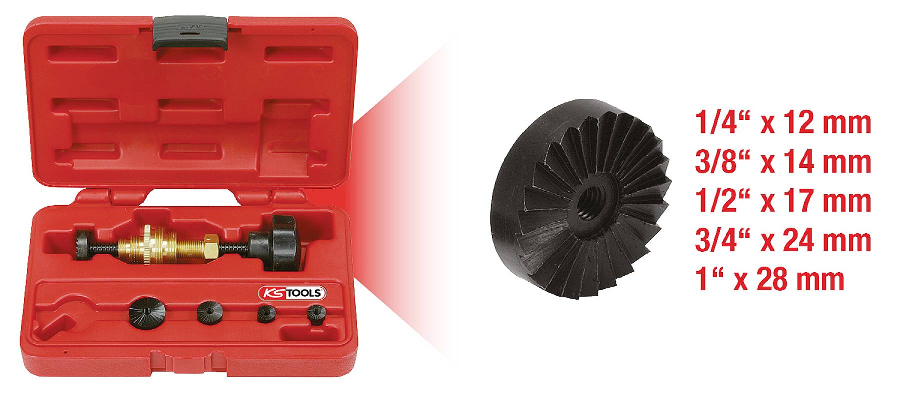 Coffret à outils rouge avec équipement de 5 pièces pour l'alésage intérieur. À côté, un outil de coupe et dimensions : '1/4" x 12 mm' jusqu'à '1" x 28 mm'.