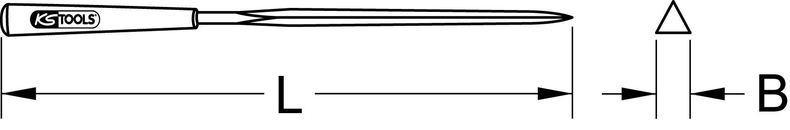 Dessin technique d'un outil à main avec poignée à gauche. Longueur 'L', diamètre 'B', et symbole de pointe, comme illustré.