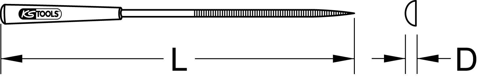 Dessin d'une lime à section circulaire. Étiquette 'KS Tools'. Longueur (L) et diamètre (D) sont indiqués.