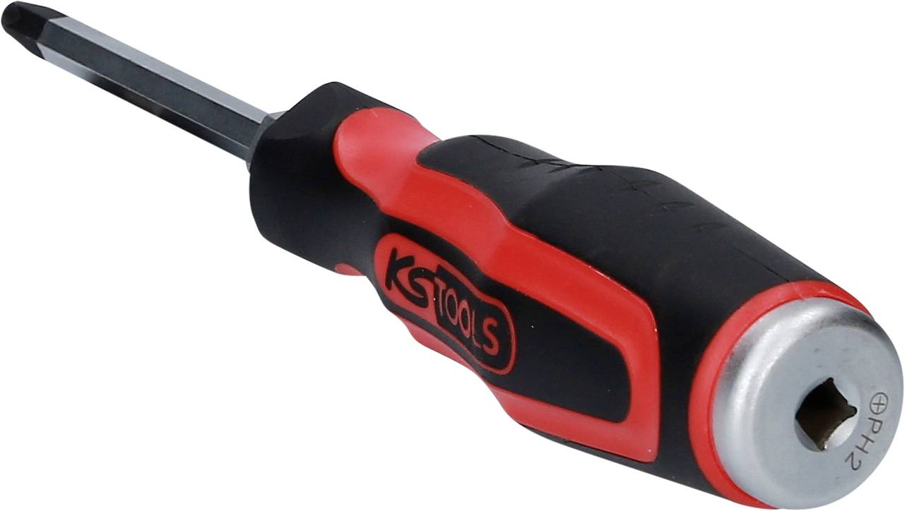 Tournevis cruciforme avec poignée rouge et noire sur fond blanc, adapté aux vis PH2.
