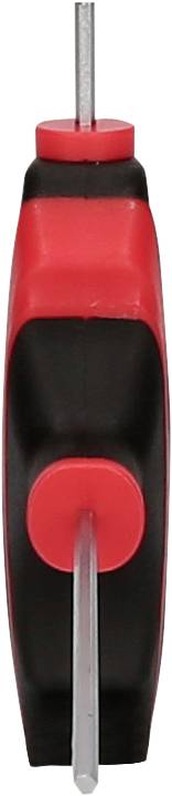 Un tournevis rouge et noir est montré de dessus, avec une tête en métal, visible sur un fond blanc.