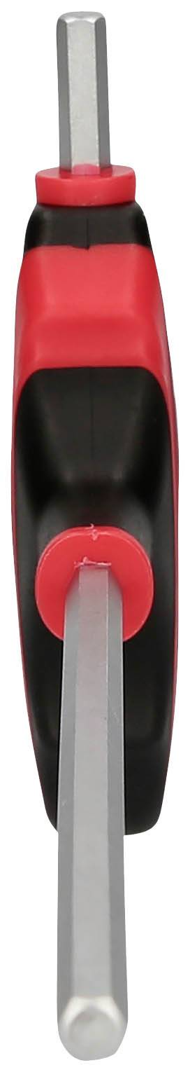 Un tournevis noir et rouge avec deux entraînements hexagonaux, utilisés pour des vis spéciales.