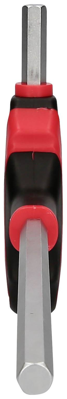 Un tournevis double face rouge et noir avec des embouts hexagonaux, positionné verticalement, montrant ses deux extrémités fonctionnelles.