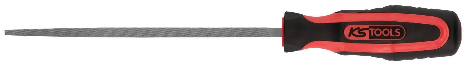 Un outil de lime plate avec une poignée rouge et noire, adapté aux travaux de précision sur des surfaces métalliques.