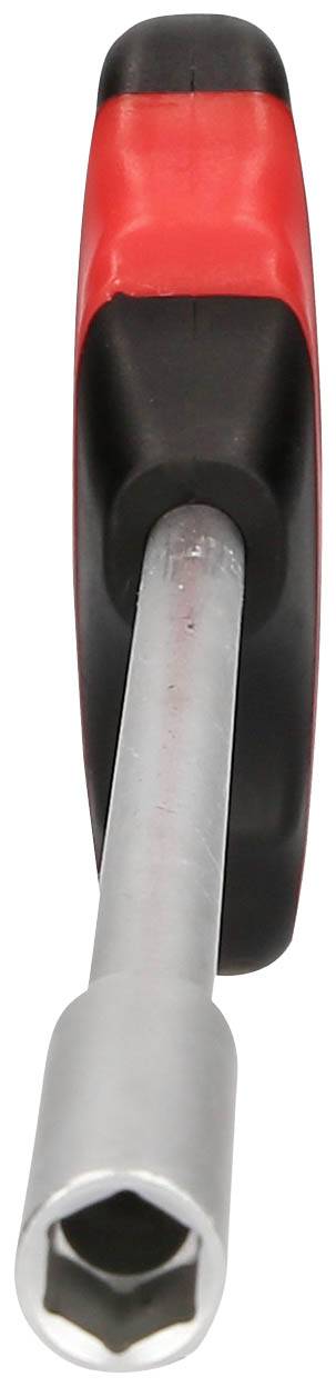 Une clé à molette rouge avec une poignée noire et un arbre métallique argenté.