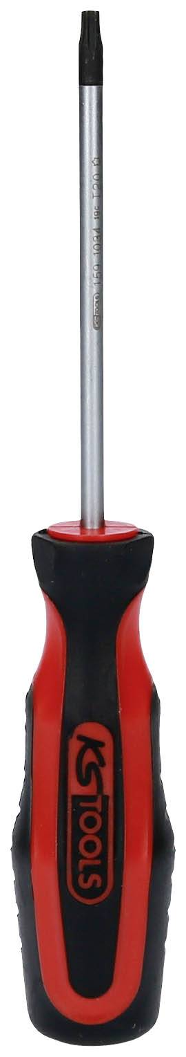 Un tournevis rouge et noir avec une poignée ergonomique et un embout plat.