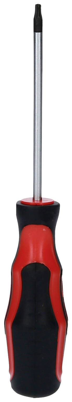 Un tournevis à manche rouge et noir, adapté pour des travaux de précision.