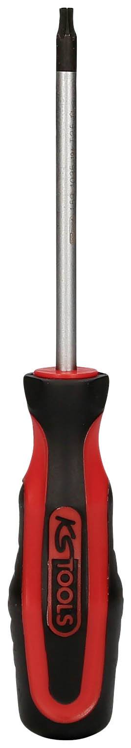 Un tournevis rouge et noir avec une poignée ergonomique.