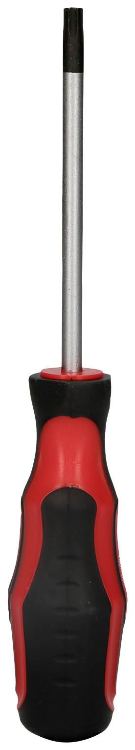 Un tournevis rouge et noir avec une poignée noire et un manche argenté, debout.