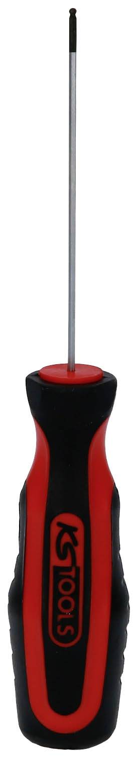 Un tournevis rouge et noir avec une poignée ergonomique et une pointe longue et étroite, adapté aux travaux de précision.