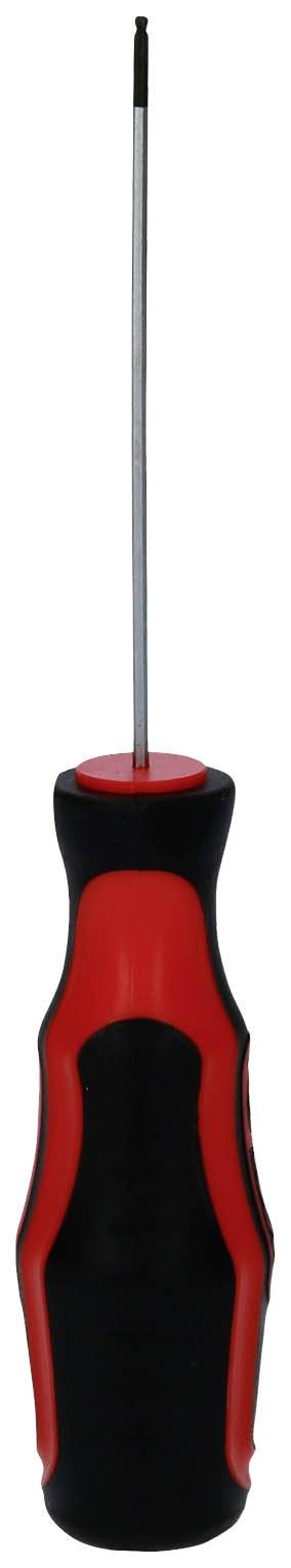 Un tournevis avec une poignée rouge et noire, positionné verticalement.