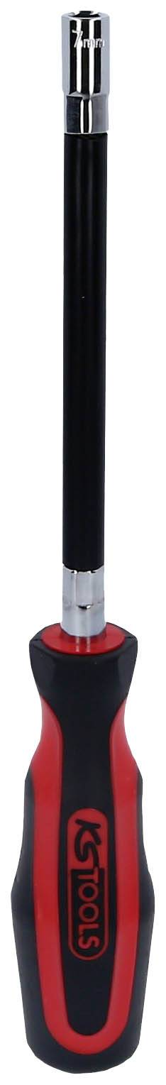 Un tournevis avec une poignée rouge et noire et une longue lame argentée, adapté pour serrer ou desserrer des vis.
