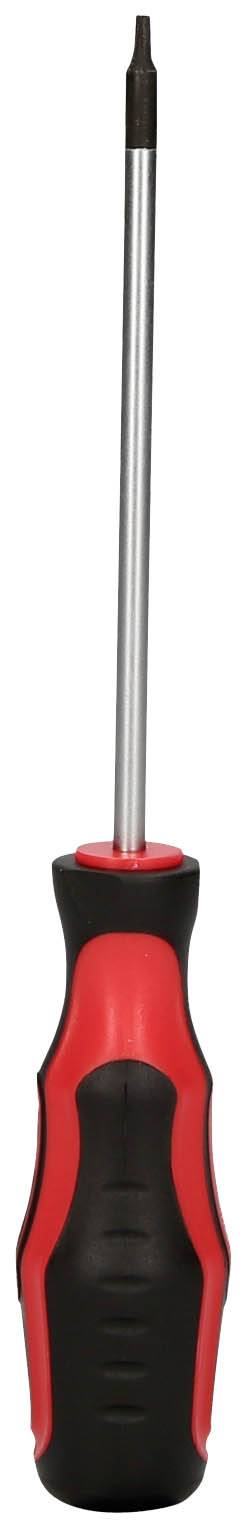 Un tournevis cruciforme avec une poignée rouge et noire et une tige métallique argentée sur un fond blanc.