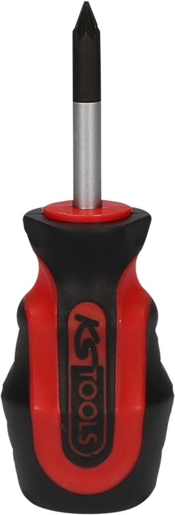 Un tournevis cruciforme rouge et noir avec une poignée ergonomique, debout, sur un fond neutre.