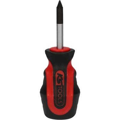 Un tournevis cruciforme rouge et noir avec une poignée ergonomique, debout, sur un fond neutre.