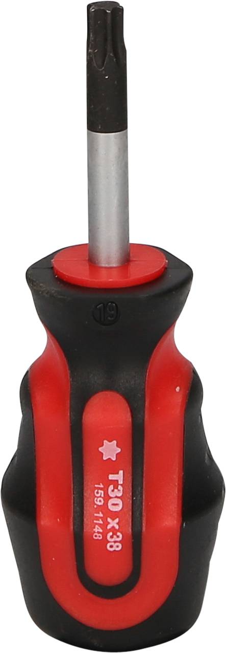 Un tournevis court noir et rouge avec une embout Torx, typique pour serrer ou desserrer des vis à empreinte Torx.