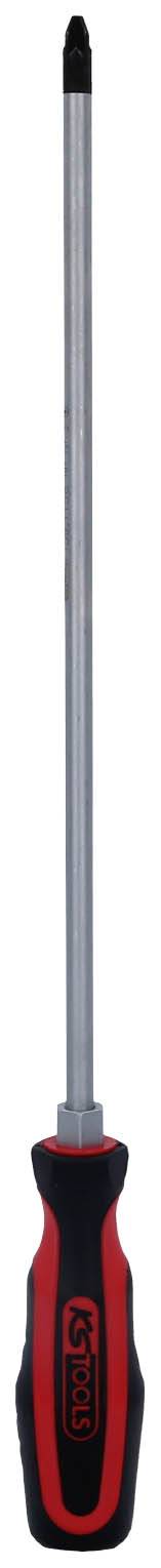 Tournevis à manche noir avec des détails rouges, longue tige métallique, pointe cruciforme. Adapté pour les vis cruciformes.