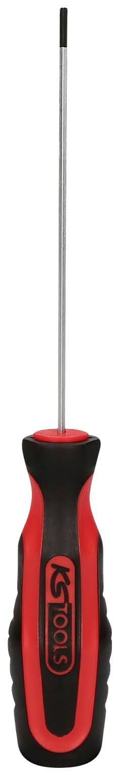 Un tournevis rouge et noir à tige métallique longue et fine. La poignée est ergonomiquement conçue pour une meilleure préhension.