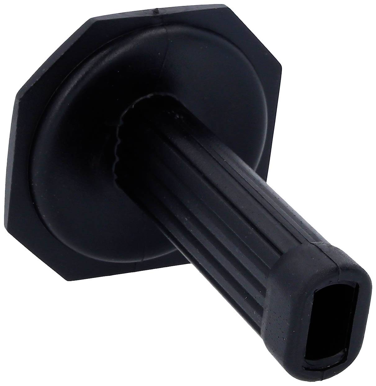 Poignée en plastique noir avec base octogonale, surface striée et zone intérieure ovale, potentiellement adaptée aux outils.