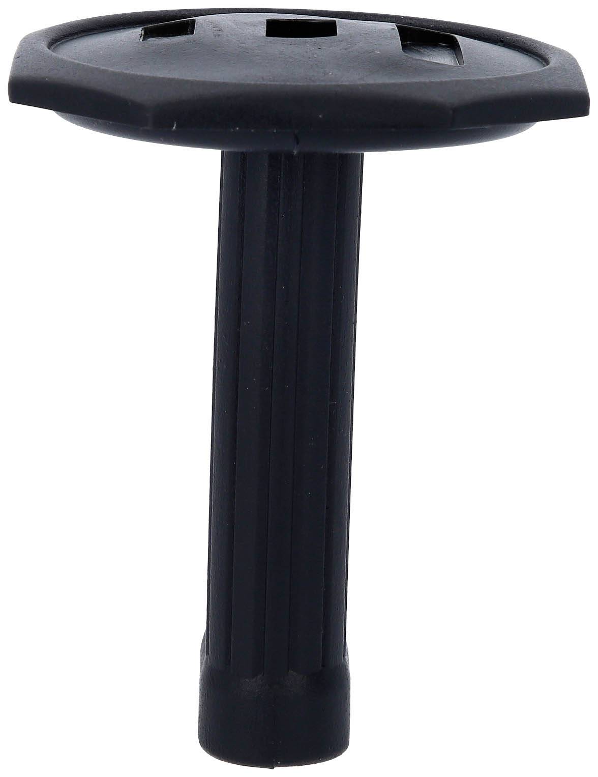 Adaptateur en plastique noir avec tige striée et surface supérieure ronde et plate, probablement destiné à la fixation de meubles ou d'appareils.