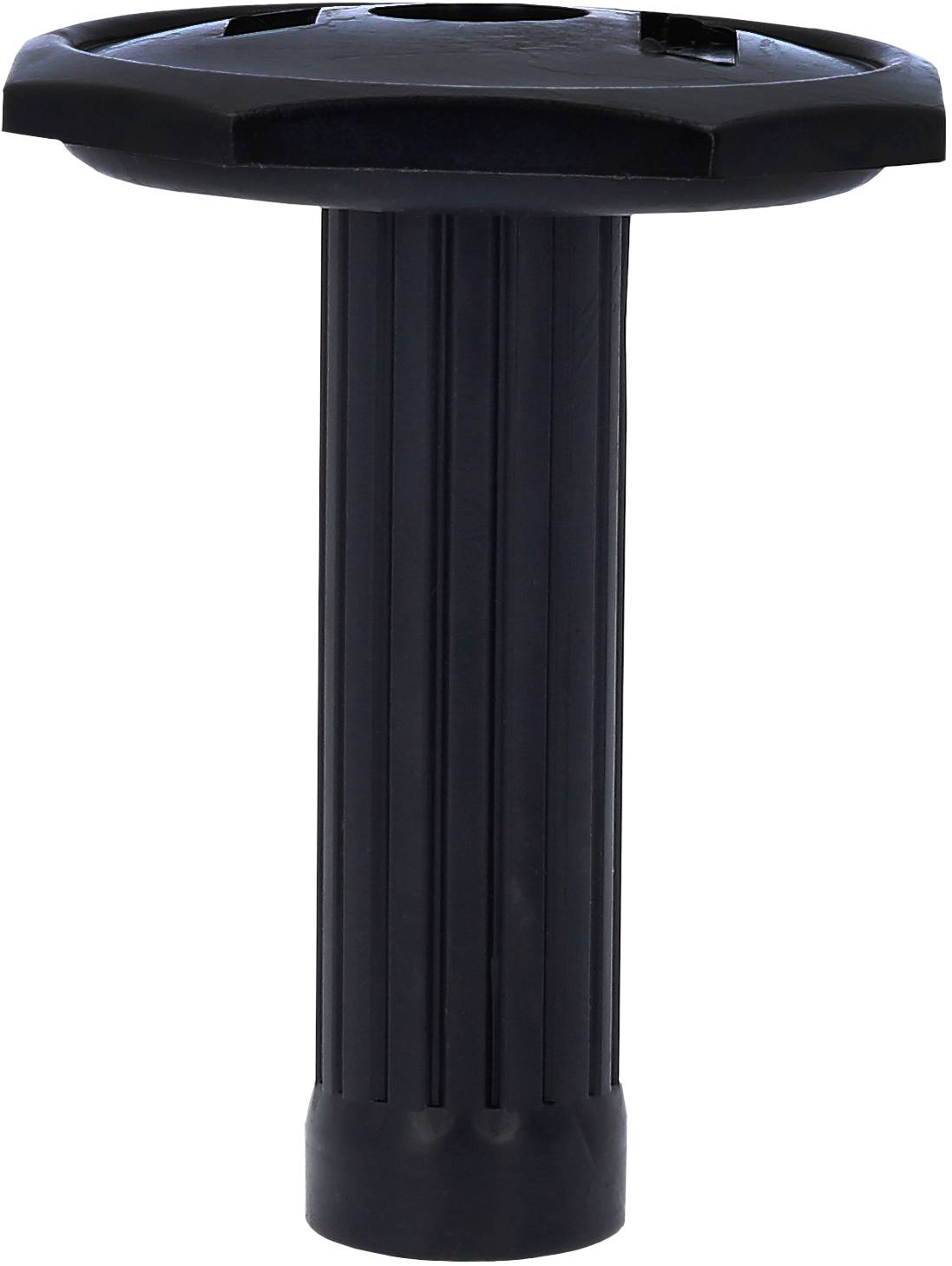 Un embout de support de construction en plastique noir, accessoire de construction typique, à surface striée pour la stabilité et la durabilité.