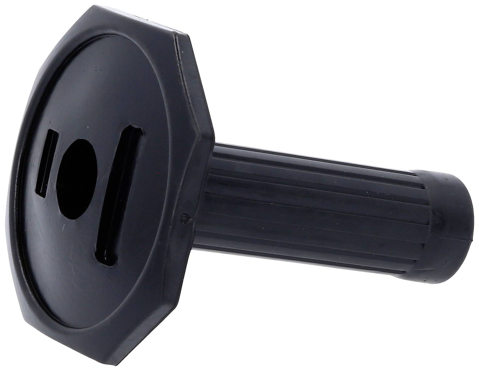 Pied de support cylindrique en plastique noir pour meubles, avec une base large, conçu pour assurer une stabilité optimale des objets d'ameublement.