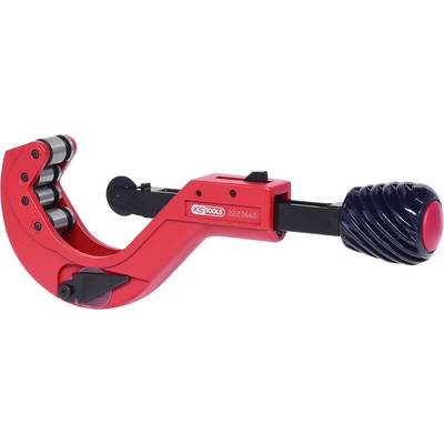 Coupe-tubes en métal avec boîtier rouge et poignée noire, adapté pour couper des tubes avec précision.