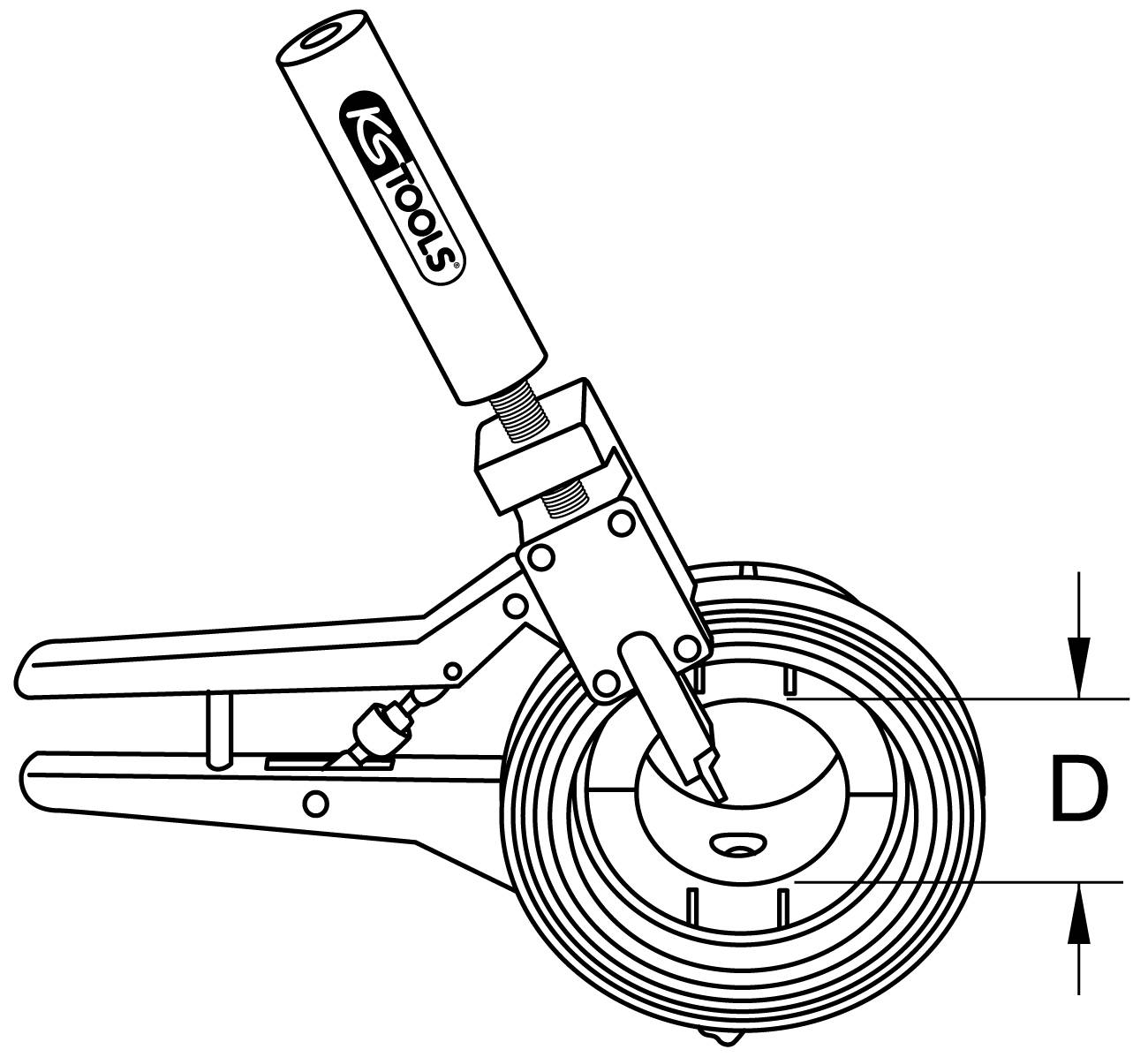 Représentation technique d'un extracteur de roulement avec vue latérale. La distance 'D' marque l'écart entre les points de contact.