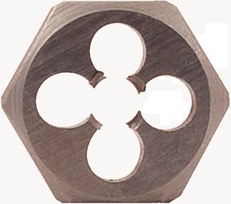 Une pièce hexagonale en métal avec quatre découpes circulaires intérieures disposées symétriquement, probablement un outil technique ou un composant.