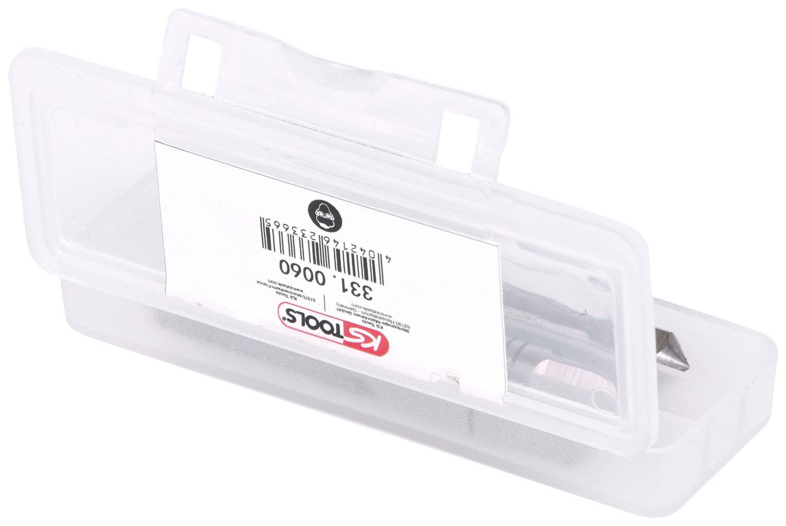 Boîte en plastique transparent avec couvercle à vis, contenant un tournevis et des embouts de rechange. Une étiquette blanche est apposée sur la boîte.