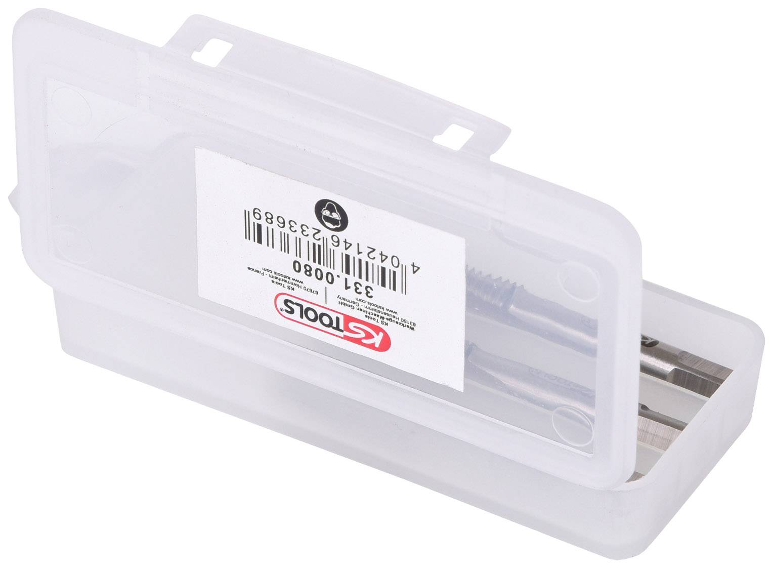 Boîte en plastique transparent avec étiquette et logo KS Tools, contenant de petits outils métalliques, probablement des forets ou des embouts.