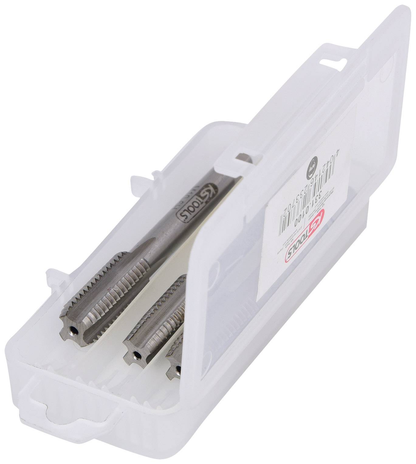Un étui en plastique transparent contient plusieurs tarauds métalliques.