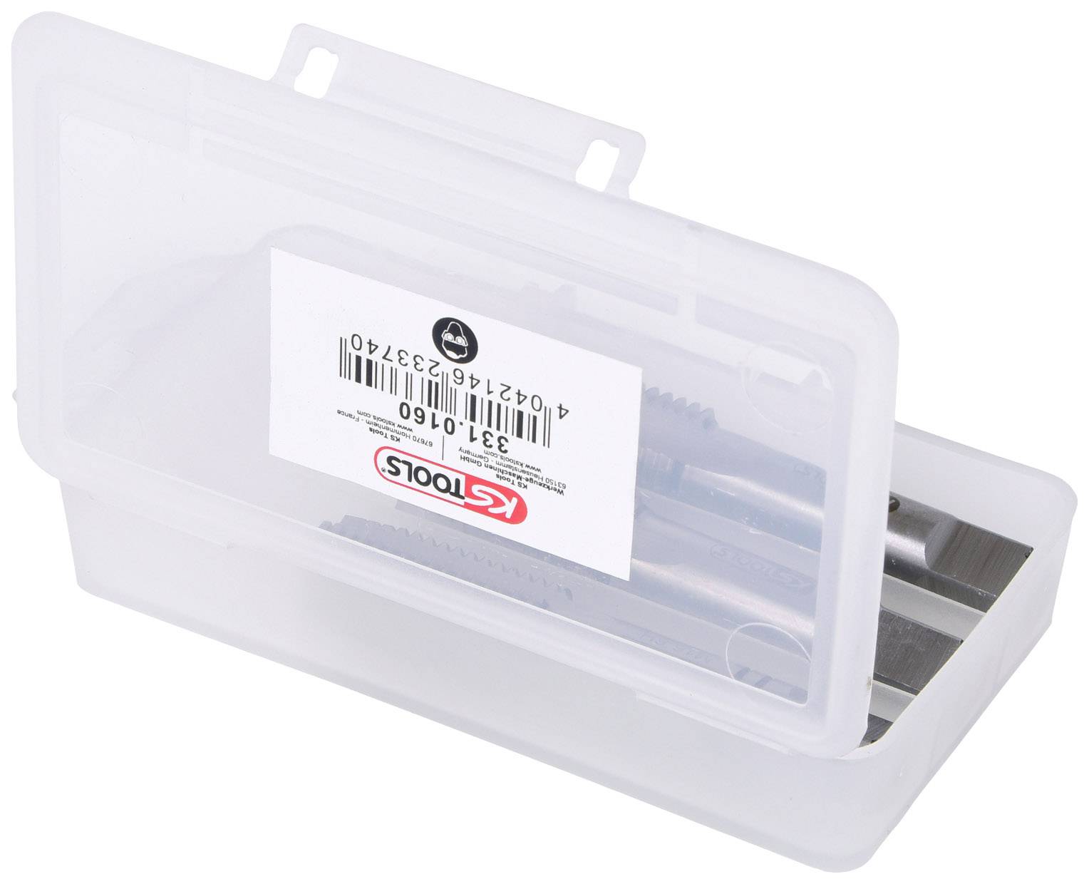 Boîte en plastique transparent avec étiquette, contenant plusieurs forets ou embouts métalliques.