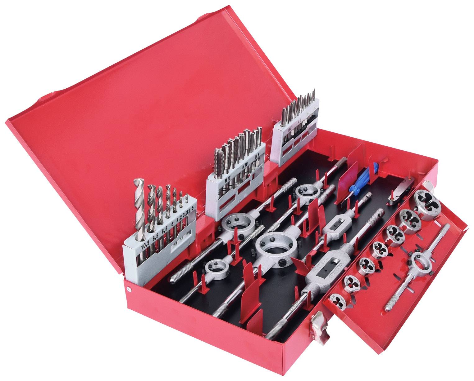Boîte à outils rouge avec différentes mèches et embouts. Disposition organisée, ouverte, sur fond blanc.