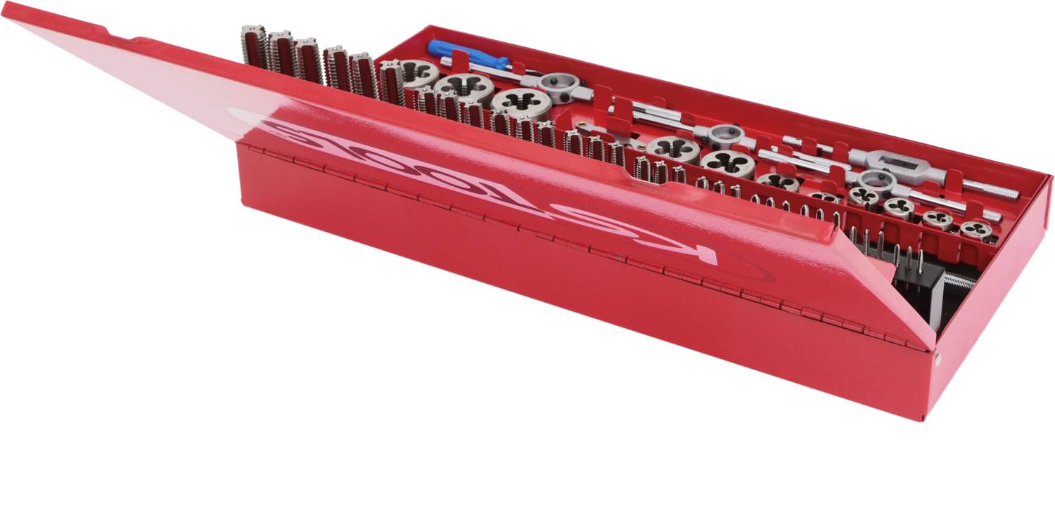 Coffret à outils rouge ouvert, contenant divers outils de filetage.