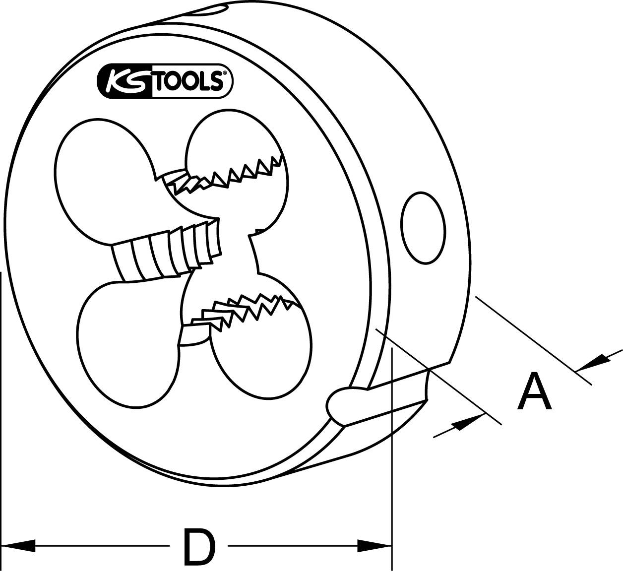 Une matrice métallique ronde, dentée, de la marque 'KS Tools', avec des dimensions indiquées : diamètre extérieur (D) et largeur (A).