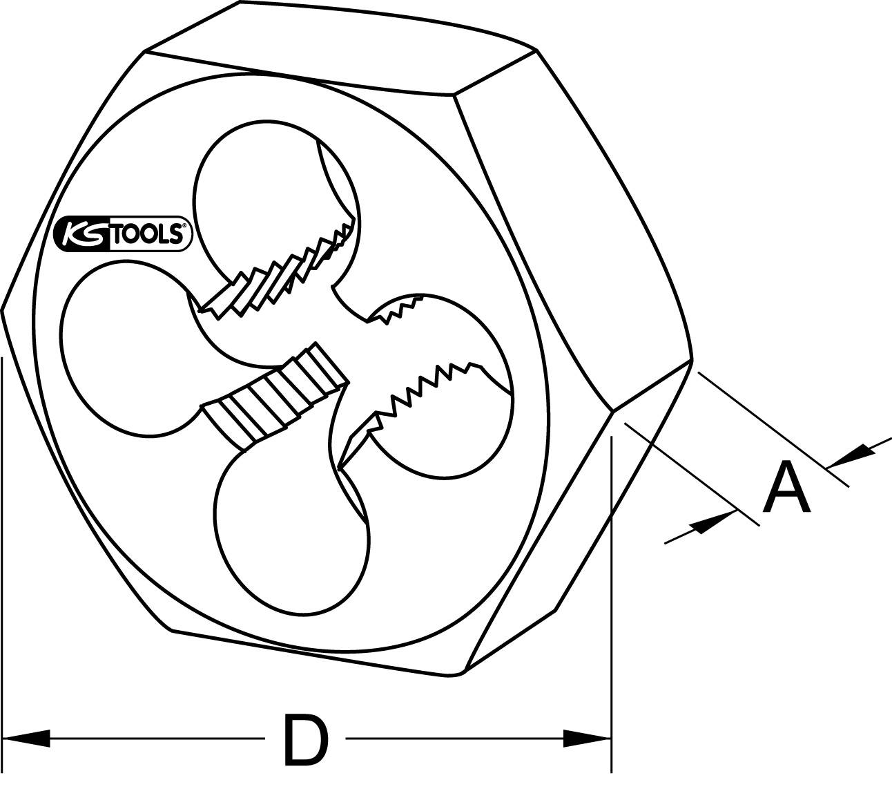Taraud hexagonal de KS Tools, avec dimensions A et D. Utilisé pour la réalisation de filetages externes.