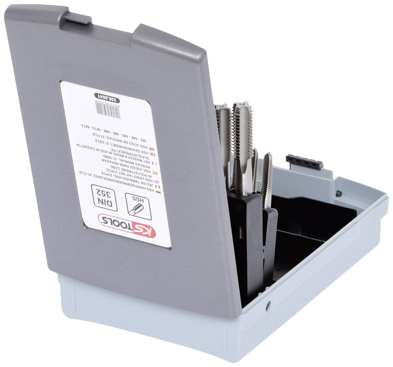 Un ensemble ouvert d'outils de coupe, composé de quatre tarauds dans un étui en plastique gris, avec l'étiquette de marque visible.