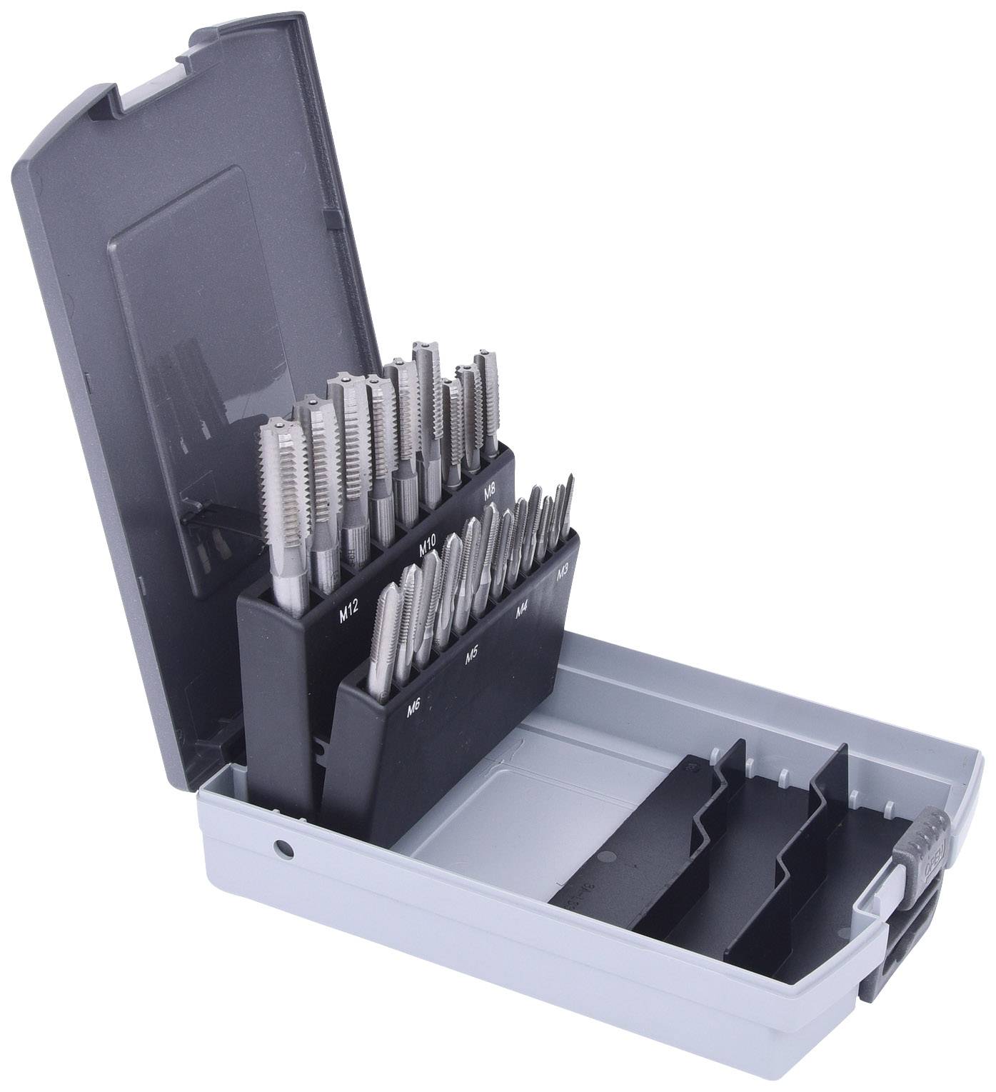 Une boîte à outils ouverte contenant un jeu de tarauds de différentes tailles, organisés en deux rangées à l'intérieur de la boîte.