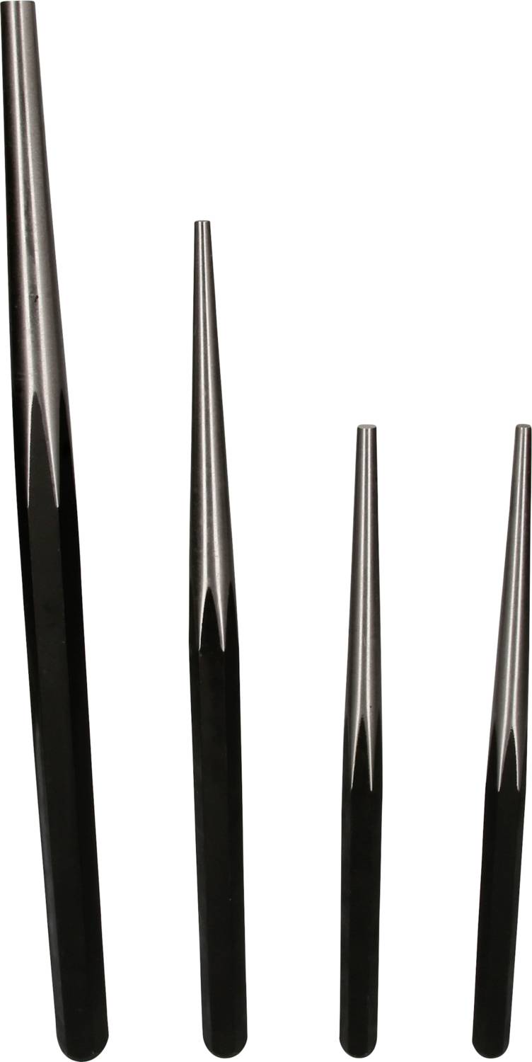 Quatre tiges métalliques coniques de tailles différentes, disposées de gauche à droite dans un ordre croissant de hauteur.