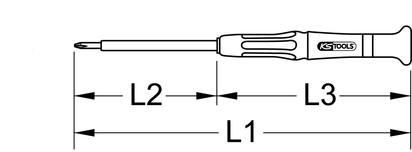 Tournevis avec marquages de longueur : L2, L3 et L1 sont indiqués. Manche portant le logo 'KS Tools'. Représente les proportions et la structure.