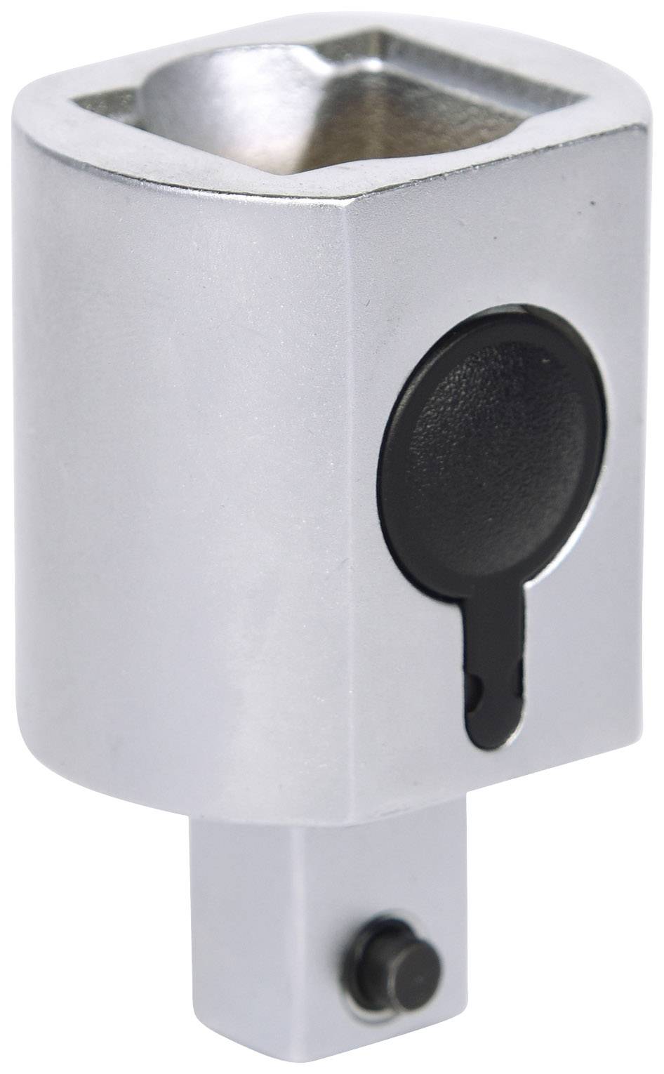 Adaptateur métallique, de forme cylindrique avec une ouverture rectangulaire, adapté aux connexions enfichables, possédant un bouton noir sur le côté.
