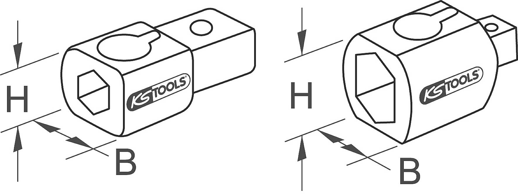 Deux adaptateurs d'outils KS Tools en dessin technique. L'un avec une extrémité carrée, l'autre avec une extrémité hexagonale. Indications pour la hauteur (H) et la largeur (B).