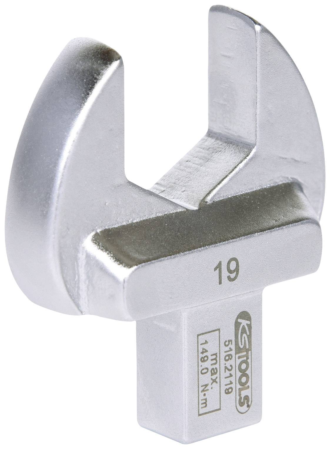 Une tête de clé à molette argentée portant l'inscription '19' et le logo du fabricant. Adaptée pour une utilisation avec un outil à cliquet.