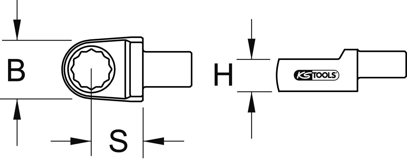 Dessin technique d'un outil avec dimensions : Largeur (L), Socle (S), Hauteur (H). Logo 'KS TOOLS' visible sur la poignée.