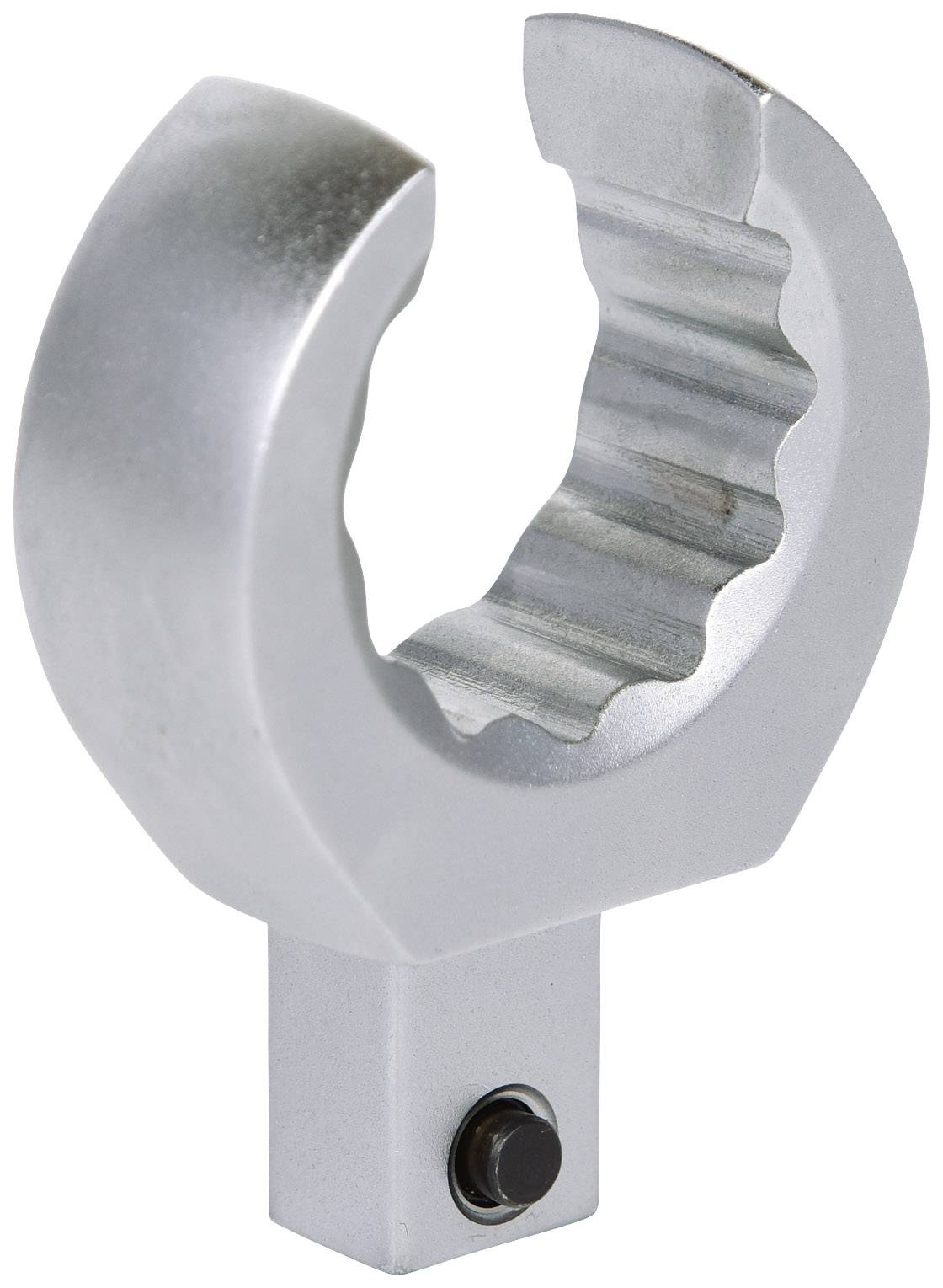 Outil métallique en forme de pince, avec une poignée intérieure dentelée, probablement utilisé pour manipuler ou maintenir des objets ronds.
